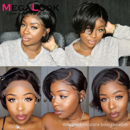 Megalook  T-part  Front Lace  Hair  Pixie Cut Wig ,brazilian  Human Hair Wig